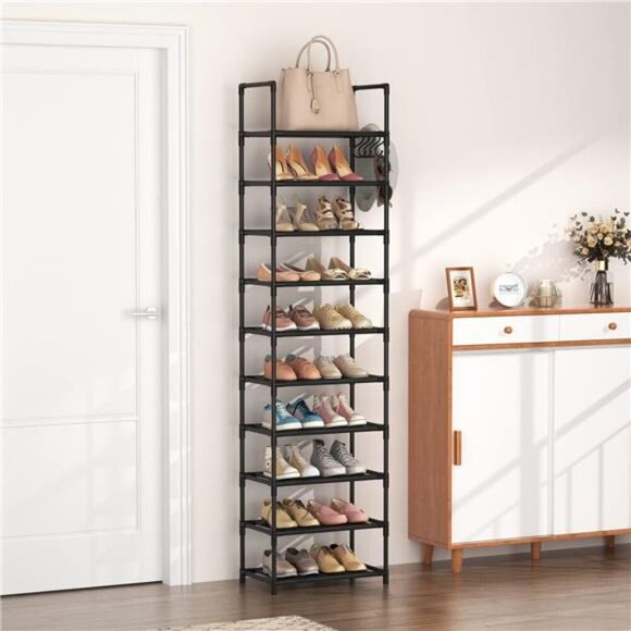 Tall Narrow Shoe Rack 10 Tier Organizer Shelf Holds 25 Pairs Black Storage - Picture 2 of 5